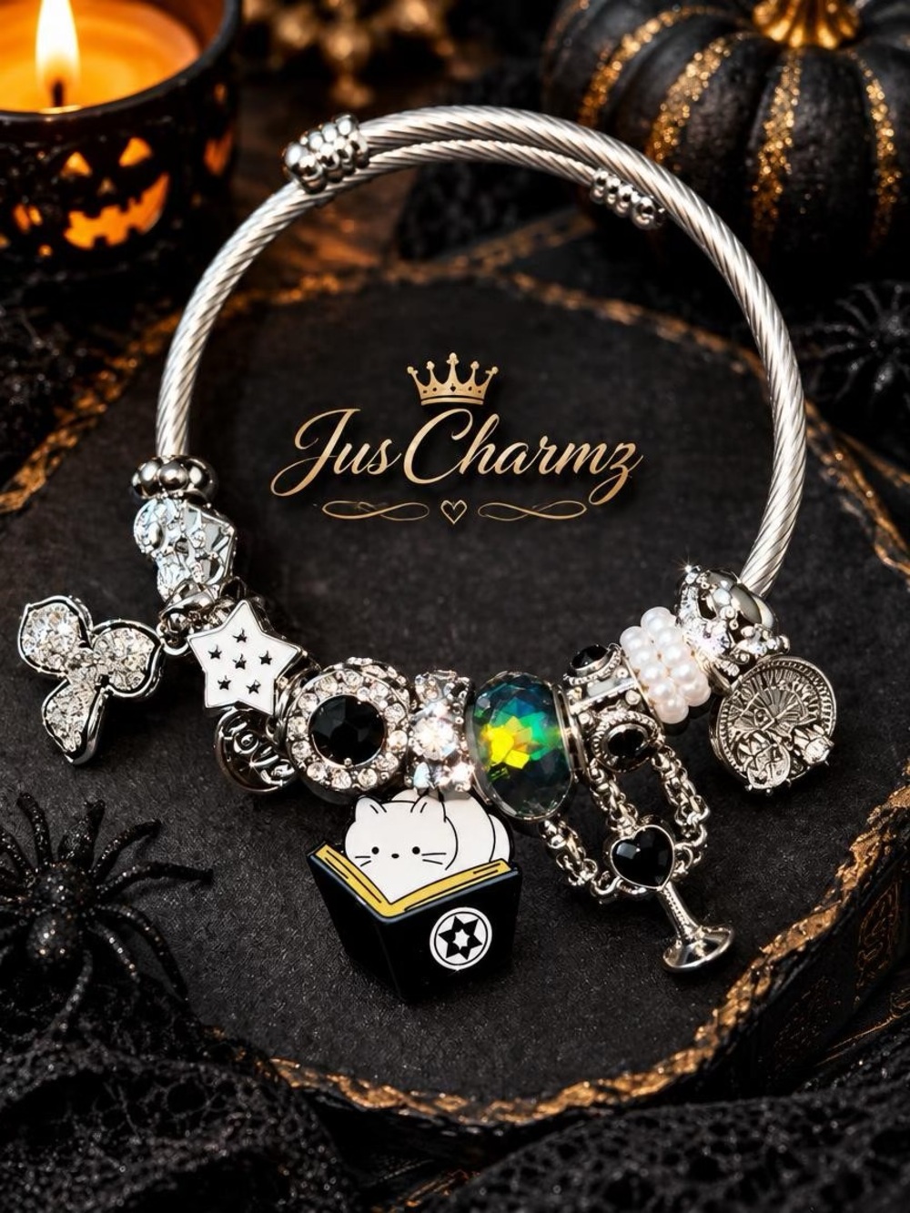 Silver-Tone Charm Bracelet with Black, White & Iridescent Accents